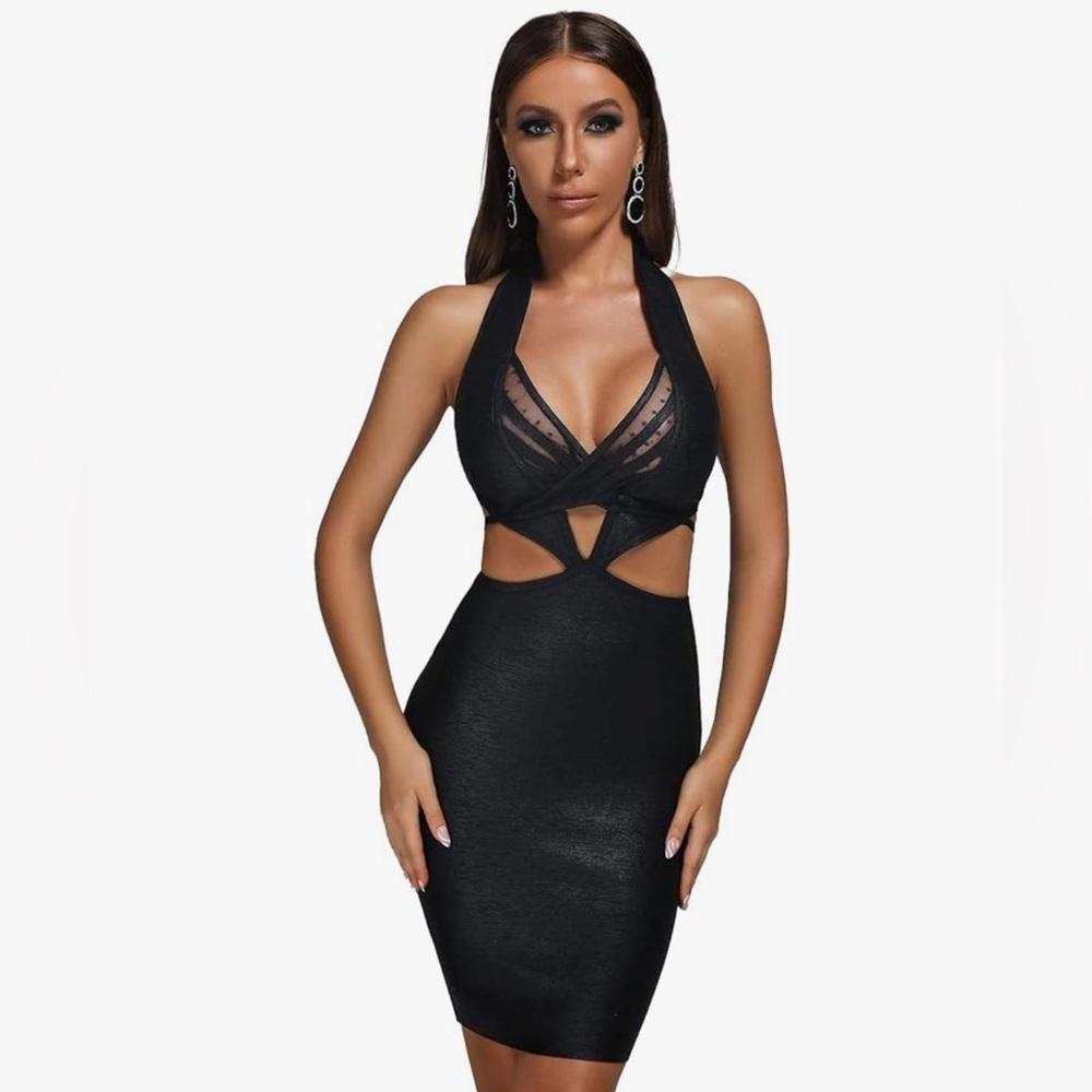 Backless Black Cutout Halter Bodycon Dress